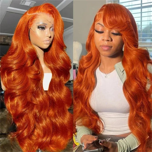 GingerGlow™ Vibrant Long Wavy Orange Red Lace Front Human Hair Wig for Women