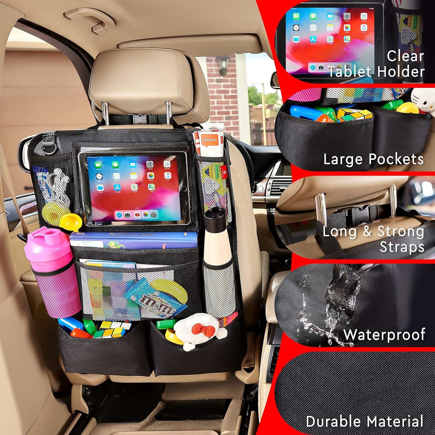 CarMate™ 2-Pack Backseat Organizer for Ultimate Car Storage and Kid Entertainment 7