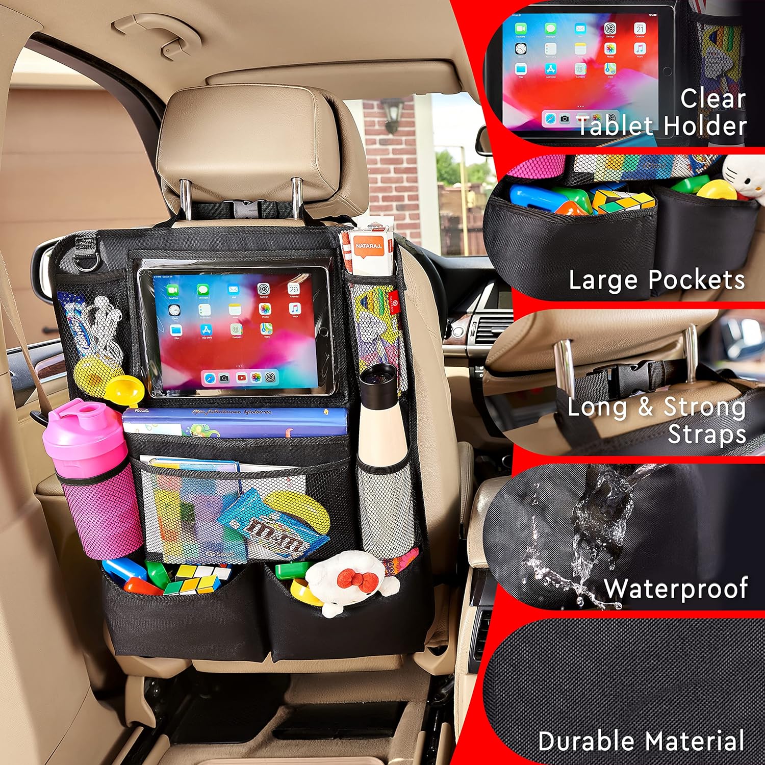 CarMate™ 2-Pack Backseat Organizer for Ultimate Car Storage and Kid Entertainment 7