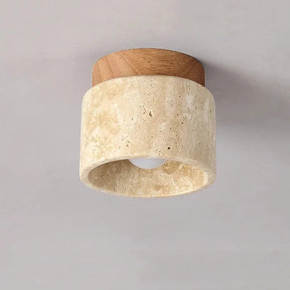 TranquilGlow™ Round Ceiling Lamp - Natural Travertine & Wood Design 0