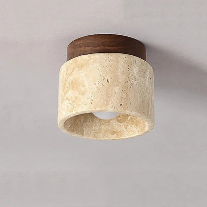 TranquilGlow™ Round Ceiling Lamp - Natural Travertine & Wood Design 1