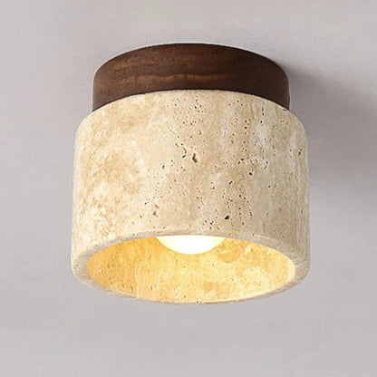 TranquilGlow™ Round Ceiling Lamp - Natural Travertine & Wood Design 2