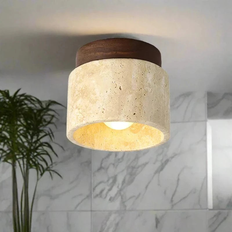 TranquilGlow™ Round Ceiling Lamp - Natural Travertine & Wood Design 3