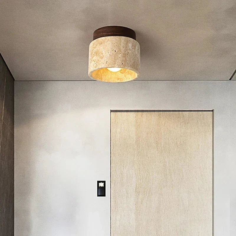 TranquilGlow™ Round Ceiling Lamp - Natural Travertine & Wood Design 4