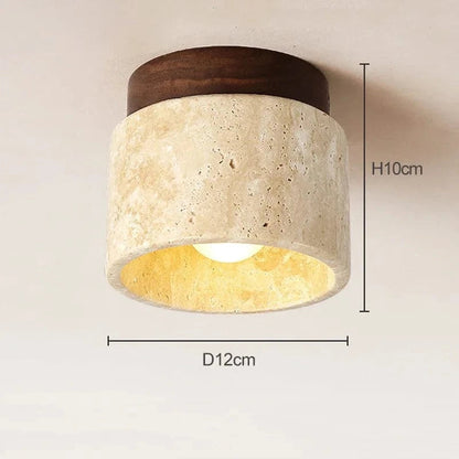 TranquilGlow™ Round Ceiling Lamp - Natural Travertine & Wood Design 7