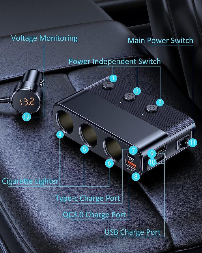 PowerMax™ 7-in-1 Car Charger Adapter for Charging Multiple Devices on the Go